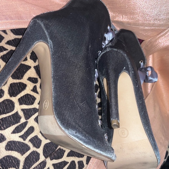 Velvet gray/silver/pewter with a Gray satin ribbon lace up high pump booty. - Picture 14 of 14